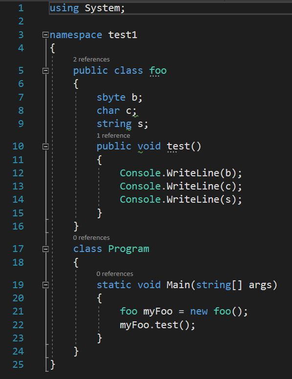 โค้ดภาษา C# แสดงการใช้งานตัวแปรได้โดยที่เราไม่ต้องกำหนดค่าเริ่มต้น เพราะ compiler จะกำหนดค่าโดยปริยายให้โดยอัตโนมัติ